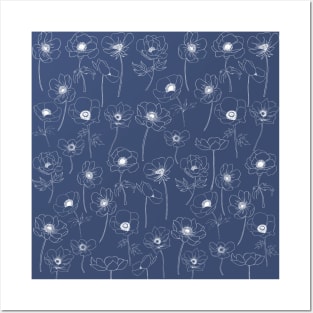 Poppies Line Art Flowers Pattern On Navy Blue Posters and Art